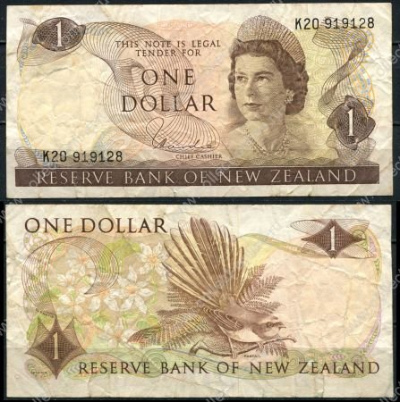 Новая Зеландия 1977-1981 гг. • P# 163d • 1 доллар • Елизавета II • птица пёстрый фантейл • H. R. Hardie • регулярный выпуск • F-VF