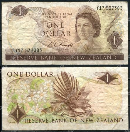 Новая Зеландия 1975-1977 гг. • P# 163с • 1 доллар • Елизавета II • птица пёстрый фантейл • регулярный выпуск • F-VF