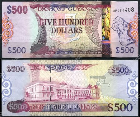 Гайана 2011 г. • P# 37 • 500 долларов • карта страны • регулярный выпуск • UNC пресс