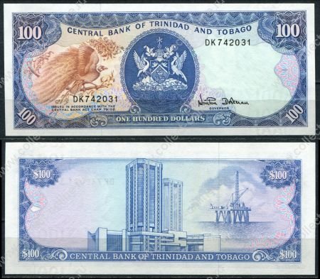 Тринидад и Тобаго 1985 г. • P# 40d • 100 долларов • государственный герб • здание нацбанка • регулярный выпуск • UNC пресс