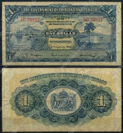 Тринидад и Тобаго 1939 г. • P# 5b • 1 доллар • парусники в порту • герб колонии • регулярный выпуск • F-VF