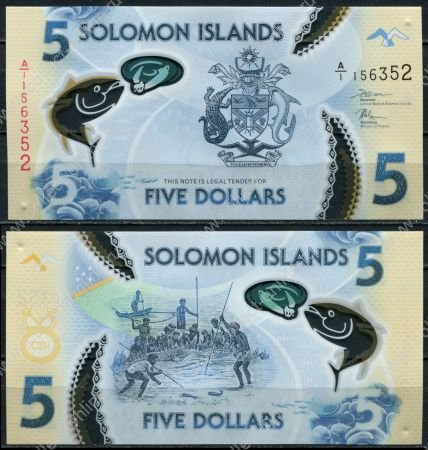 Соломоновы о-ва 2019 г. • P# • 5 долларов • герб • традиционная рыбалка с копьями • регулярный выпуск • UNC пресс