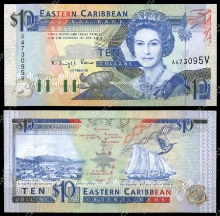 Восточные Карибы • Сент-Винсент 1993 г. V • P# 27v • 10 долларов • Елизавета II • карта островов, парусник • регулярный выпуск • UNC пресс ( кат. - $ 90 )