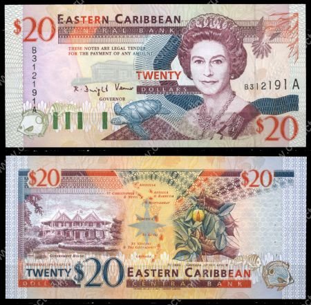 Восточные Карибы • Антигуа 1994 г. • P# 33a • 20 долларов • Елизавета II • Дом Правительства • регулярный выпуск • UNC пресс