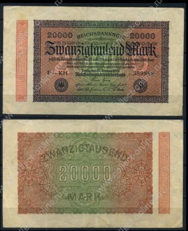 Германия 1923 г. • P# 85b • 20 тыс. марок • в.з. "буквы G D" • регулярный выпуск • XF-( кат. - $15 ) 
