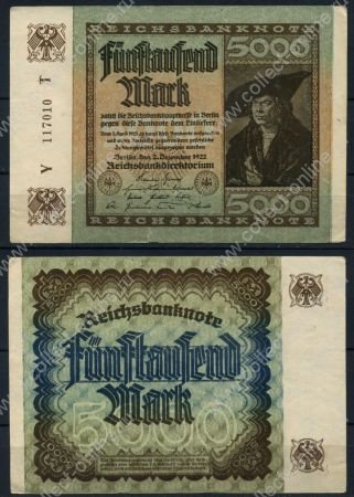Германия 1922 г. P# 81a • 5000 марок • в.з. "буквы G D" • регулярный выпуск • UNC-* ( кат. - $10 ) 