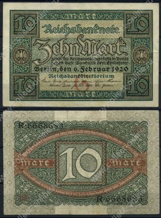 Германия 1920 г. • P# 67 G • 10 марок • регулярный выпуск • XF+
