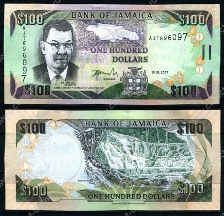 Ямайка 2007 г. P# 84e • 100 долларов • Водопады Даннс-Ривер • регулярный выпуск • UNC пресс ( кат. - $6 )