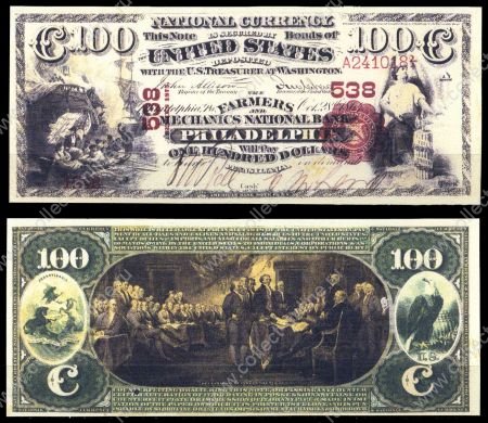 США штат Пенсильвания 1875г. • Филадельфия • Фермерский Национальный Банк • 100 долларов • регулярный выпуск • копия • UNC пресс