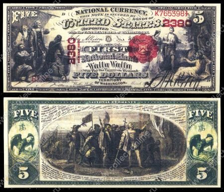 США штат Вашингтон 1875г. • Валла-Валла • Первый Национальный Банк • 5 долларов • регулярный выпуск • копия • UNC пресс