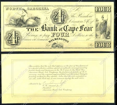 США Банк Кейп-Фэйр(Сев. Каролина) 18ххг. 4 доллара / репринт / XF-AUNC