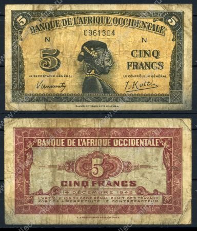 Французская Западная Африка 1942 г. • P# 28a • 5 франков • девушка • регулярный выпуск • F