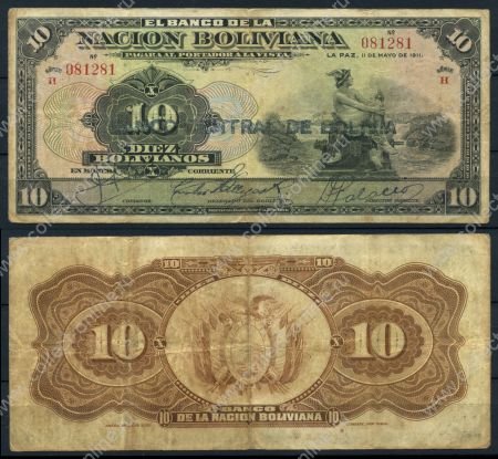 Боливия 1911 г.(1929) • P# 114 • 10 боливиано • надпечатка Центрального Банка • регулярный выпуск • F-VF