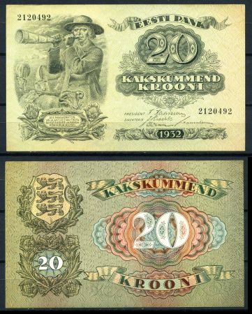 Эстония 1932 г. • P# 64 • 20 крон • пастух и овцы • регулярный выпуск • UNC- пресс- ( кат. - $50 )