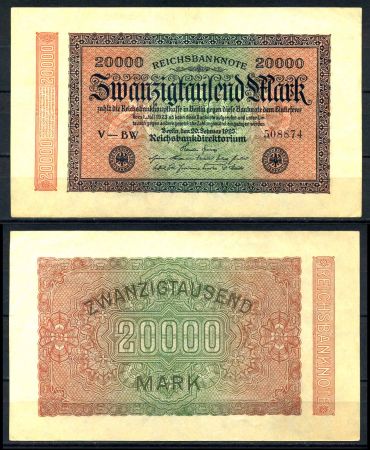 ГЕРМАНИЯ 1923г. P#85b / 20000 МАРОК AUNC+