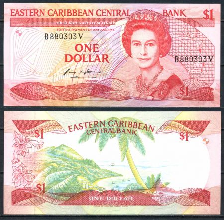 Восточные Карибы • Сент-Винсент 1985-1988 гг. • P# 17v • 1 доллар • Елизавета II • вид на бухту • регулярный выпуск • UNC пресс ( кат. - $ 40 )