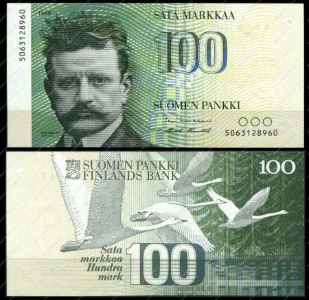 Финляндия 1986 г. • P# 115 • 100 марок • Ян Сибелиус(композитор) • регулярный выпуск • UNC пресс