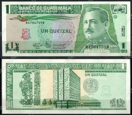 Гватемала 1990 г. P# 73a • 1 кетcаль • Генерал Орельяна • здание нацбанка • регулярный выпуск • UNC пресс