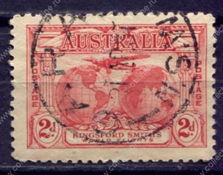 Австралия 1934 г. • Gb# 121 • 2 d. • Перелёт Чарльза Кингсфорд-Смита • аэроплан над картой • Used F-VF ( кат.- £ 1 )