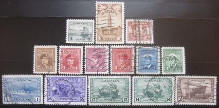 Канада 1942-1943 гг. • SC# 249-62 • 1 c. - $1 • Георг VI • основной("военный") выпуск • полн. серия • Used VF ( кат.- $ 16.5 )