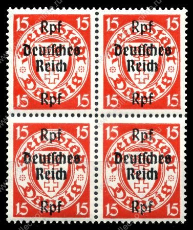 Германия 3-й рейх 1939 г. • Mi# 722 • 15 pf. • надпечатка "Deutsches Reich" на марке Данцига • кв.блок • MNH OG XF+ ( кат.- € 96+ )
