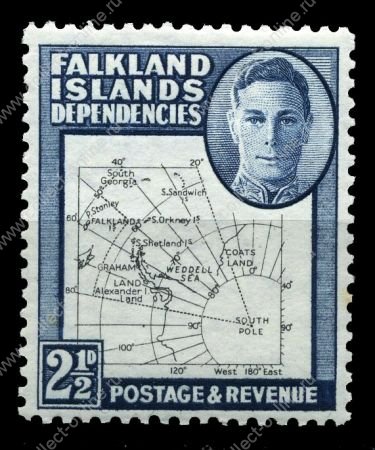 Фолклендские зависимые территории 1949 г. • Gb# G11b • 2½ d. • карта островов (тонкие линии) • MNH OG VF (кат. - £5.75)