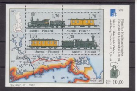 ФИНЛЯНДИЯ 1987г. SC# 755a / БЛОК ПОЕЗДА / MNH OG VF / ЖД ТРАНСПОРТ