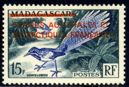 Французские Южные и Антарктические территории 1955 г. • SC# 1 • 15 fr. • надп. на марке Мадагаскара • MH OG VF ( кат. - $15- )