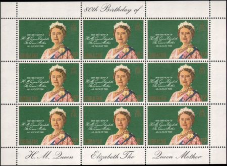 Гибралтар 1980 г. Sс# 393a • 15 p. • 80 лет Королеве-Матери • мал. лист 9 марок • MNH OG XF