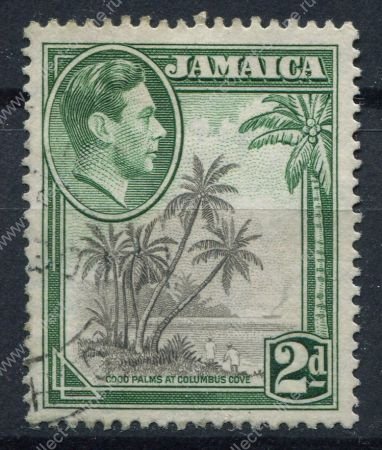 Ямайка 1938-1952 гг. • Gb# 124 • 2 d. • Георг VI • основной выпуск • пальмы на пляже • стандарт • Used F-VF