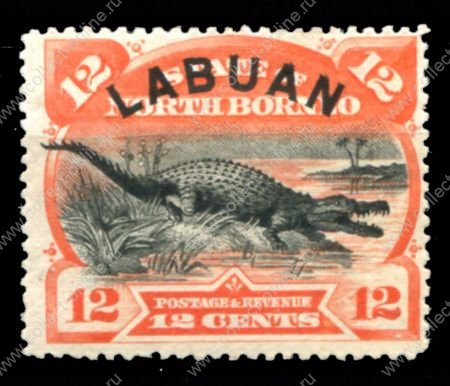 Лабуан 1894-1896 гг. • Gb# 70(Sc# 55) • 12 c. • надпечатка на осн. выпуске Сев. Борнео • крокодил • MH OG F-VF ( кат. - £25+ )