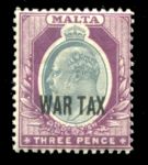 Мальта 1917-1918 гг. • Gb# 93(Sc# MR2) • 3 d. • Эдуард VII • надп. "WAR TAX" • военный налог • MNH!! OG VF ( кат.- £5 )