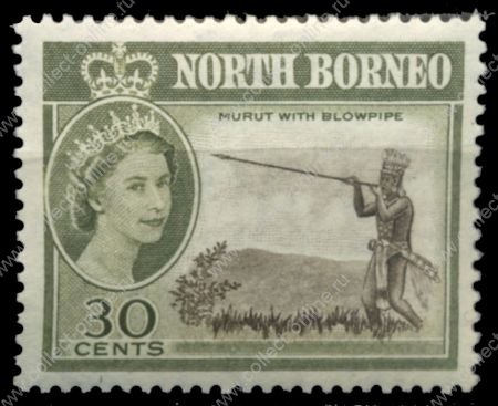 Северное Борнео 1961 г. Gb# 399 • 30 c. • Елизавета II осн. выпуск • Виды и фауна • охотник с пневмодротиком • MH OG XF