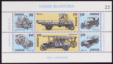 ШВЕЦИЯ 1980г. SC# 1334 / БЛОК СТАРИННЫЕ АВТОМОБИЛИ / MNH OG VF / ТРАНСПОРТ