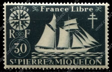 Сен-Пьер и Микелон 1942 г. • Iv# 299 • 30 c. • "Свободная Франция" • парусник • MNH OG VF