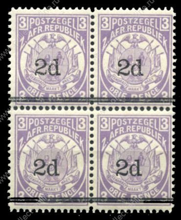 ТРАНСВААЛЬ 1887г. SC# 141 / НАДПЕЧАТКА 2 d.на 3 d. / MNH OG VF / ГЕРБЫ / кв. блок