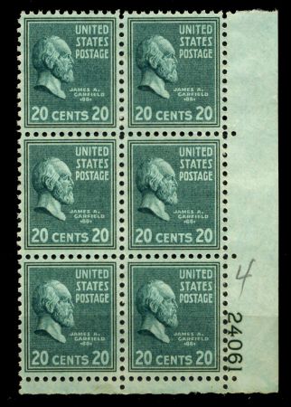 США 1938г. SC# 825 / 20c. / СТАНДАРТ ПРЕЗИДЕНТЫ ДЖ. ГАРФИЛД / MNH OG VF / № блок 6 марок