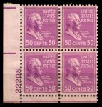 США 1938г. SC# 831 / 50c. / СТАНДАРТ ПРЕЗИДЕНТЫ У. ГОВАРД-ТАРТ / MNH OG VF / № кв. блок