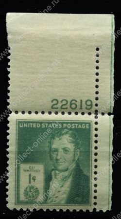 США 1940 г. • SC# 889 • 1 c. • Изобретатели • Эли Уитни • c полем и № • MNH OG XF+