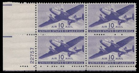 США 1941-4гг. SC# С 27 / 10c. САМОЛЕТ / MNH OG VF / АВИАЦИЯ / № кв. блок