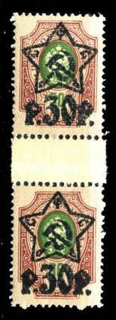 РСФСР 1922 г. • Сол# 63a • 30 руб. на 50 коп. • надпечатка "Звезда" + нов. номинал • красно-коричн. • верт. гаттер-пара • MNH OG VF