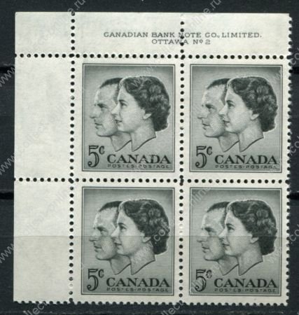Канада 1957 г. • Sc# 374 • 5 c. • Королевский визит • кв. блок No 2 • MNH OG XF+