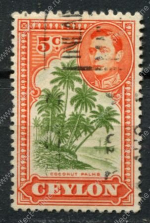 Цейлон 1938-1949 гг. • Gb# 387fg • 5 c. • Георг VI • основной выпуск • парусник в заливе • перф. - 12 • Used VF
