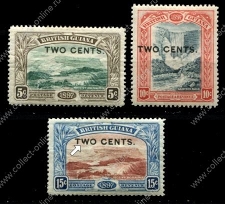 Британская Гвиана 1899 г. • Gb# 222-224 • 2 c.(3) • надпечатки нов. номинала • разновидность! полн. серия • MH OG VF