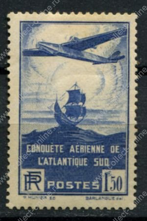Франция 1936 г. • Mi# 326 • 1.50 fr. • 100-й почтовый авиаперелет через Атлантику • авиапочта • MH OG VF ( кат. - €25- )