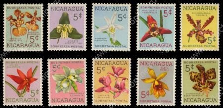 Никарагуа 1962 г. • Mi# D61-70 • 5 c.(10) • Цветы, орхидеи • доплатные • полн. серия • MNG VF