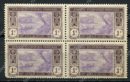 Кот-д'Ивуар 1913-1935 гг. • Iv# 41 • 1 c. • осн. выпуск • лодка на реке • кв. блок • MNH OG F-VF