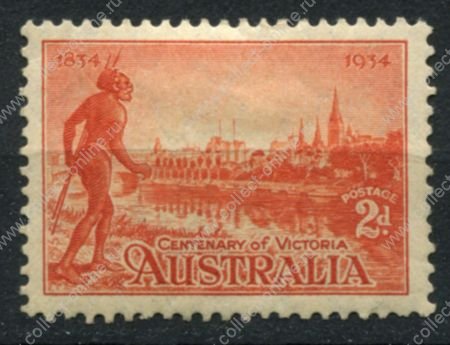 Австралия 1934 г. • Gb# 147a • 2 d. • 100-летие штата Виктория • вид Мельбурна • MH OG VF ( кат.- £ 15 )