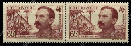 Кот-д'Ивуар 1937 г. Iv# 139 • 65c. • 50-летие путешествия Густава Луи Бингера • MLH OG XF • пара