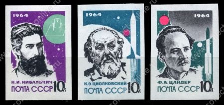 СССР 1964 г. • Сол# 3015-17 • 10 коп.(3) • Основоположники ракетной техники и космонавтики • б.з. • полн. серия • MNH OG XF